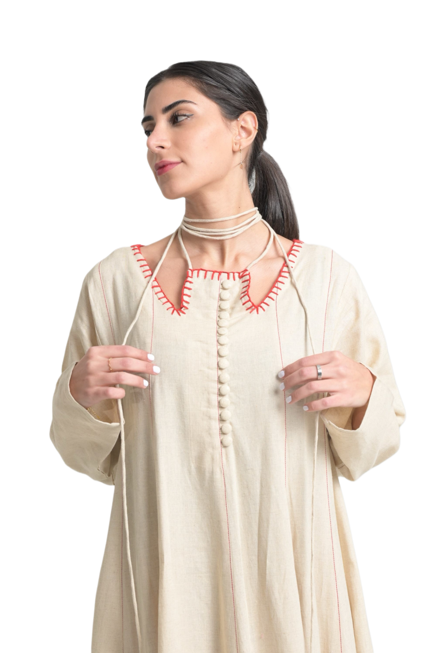 Beige dress with red stitching