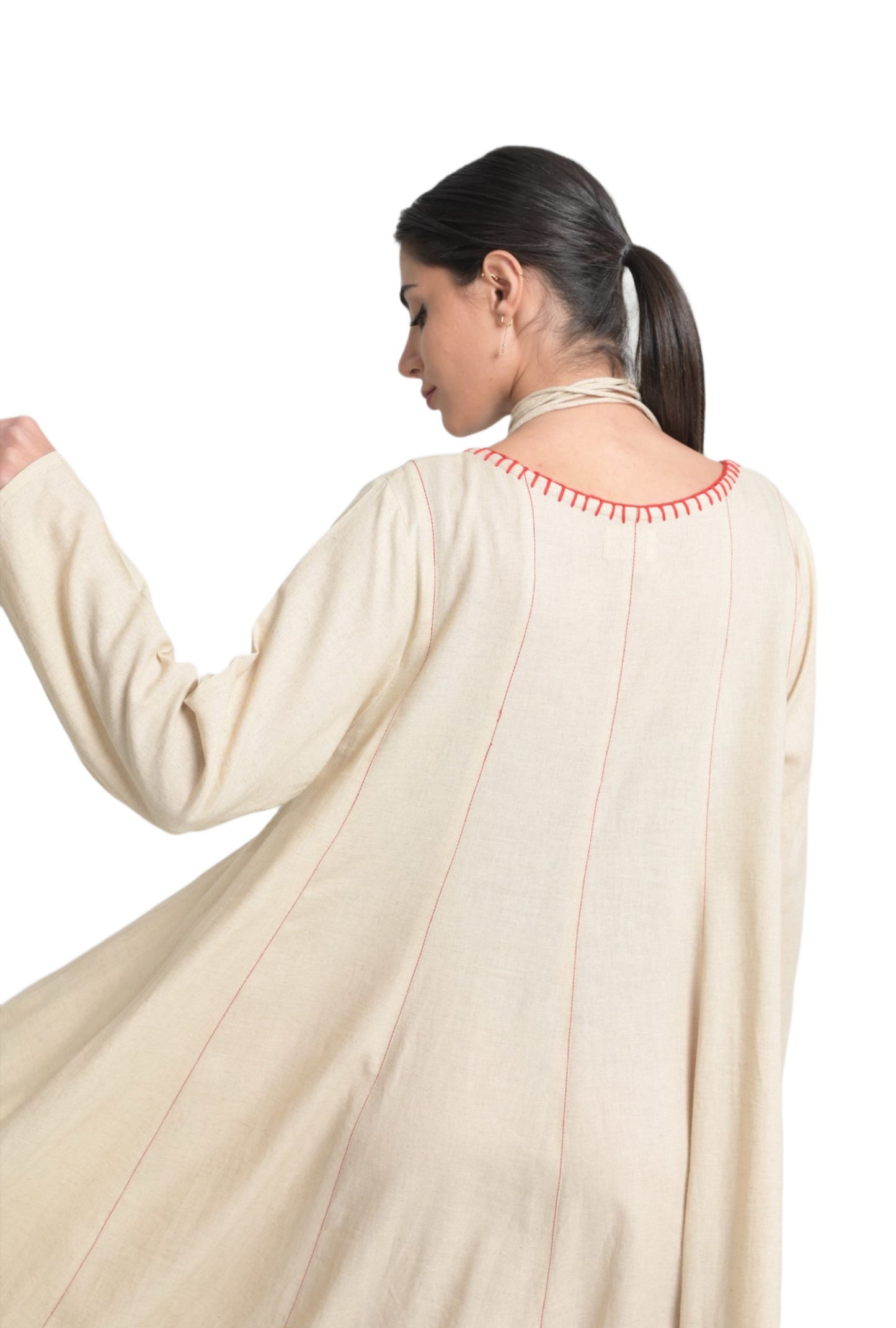 Beige dress with red stitching