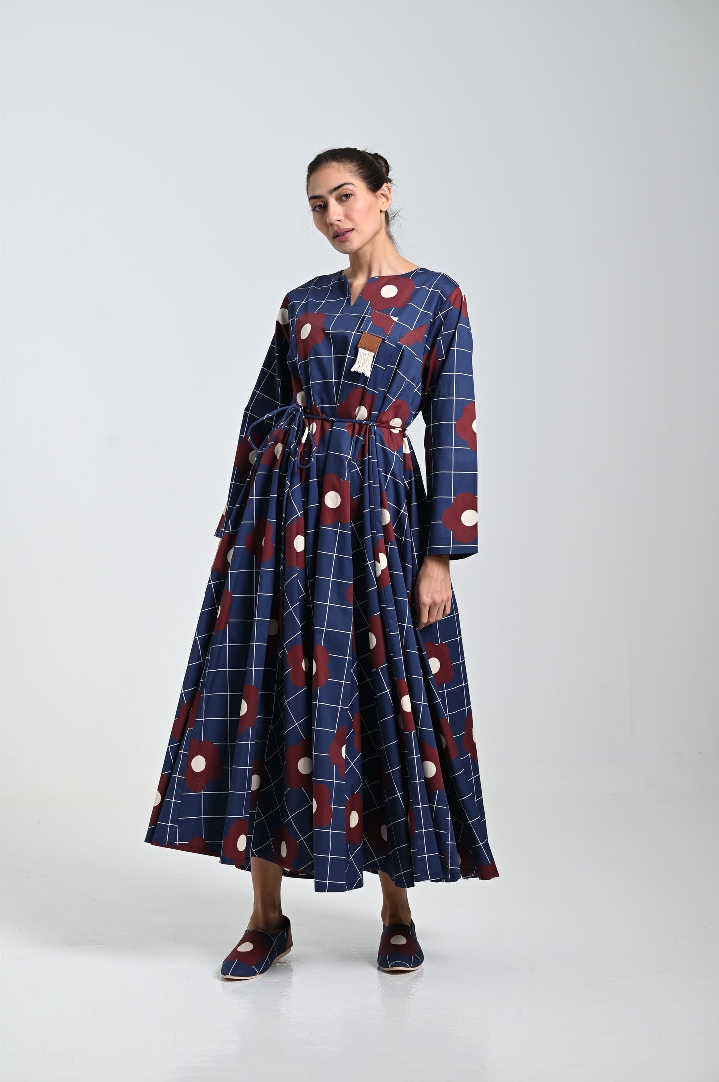 Navy dress with burgundy rose print & leather brooch