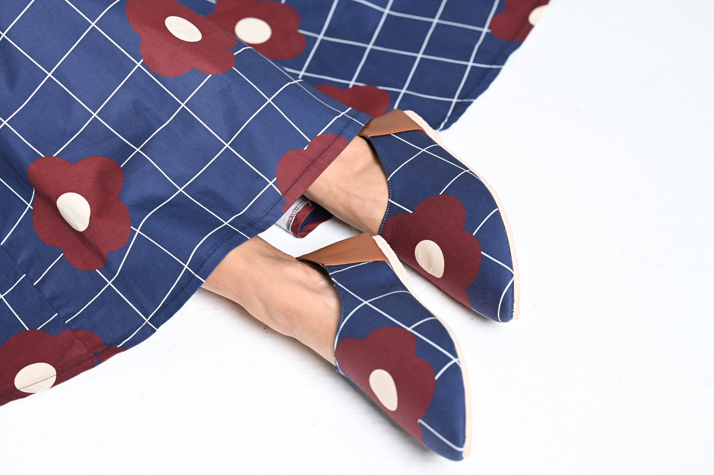 Navy blue shoes with burgundy print