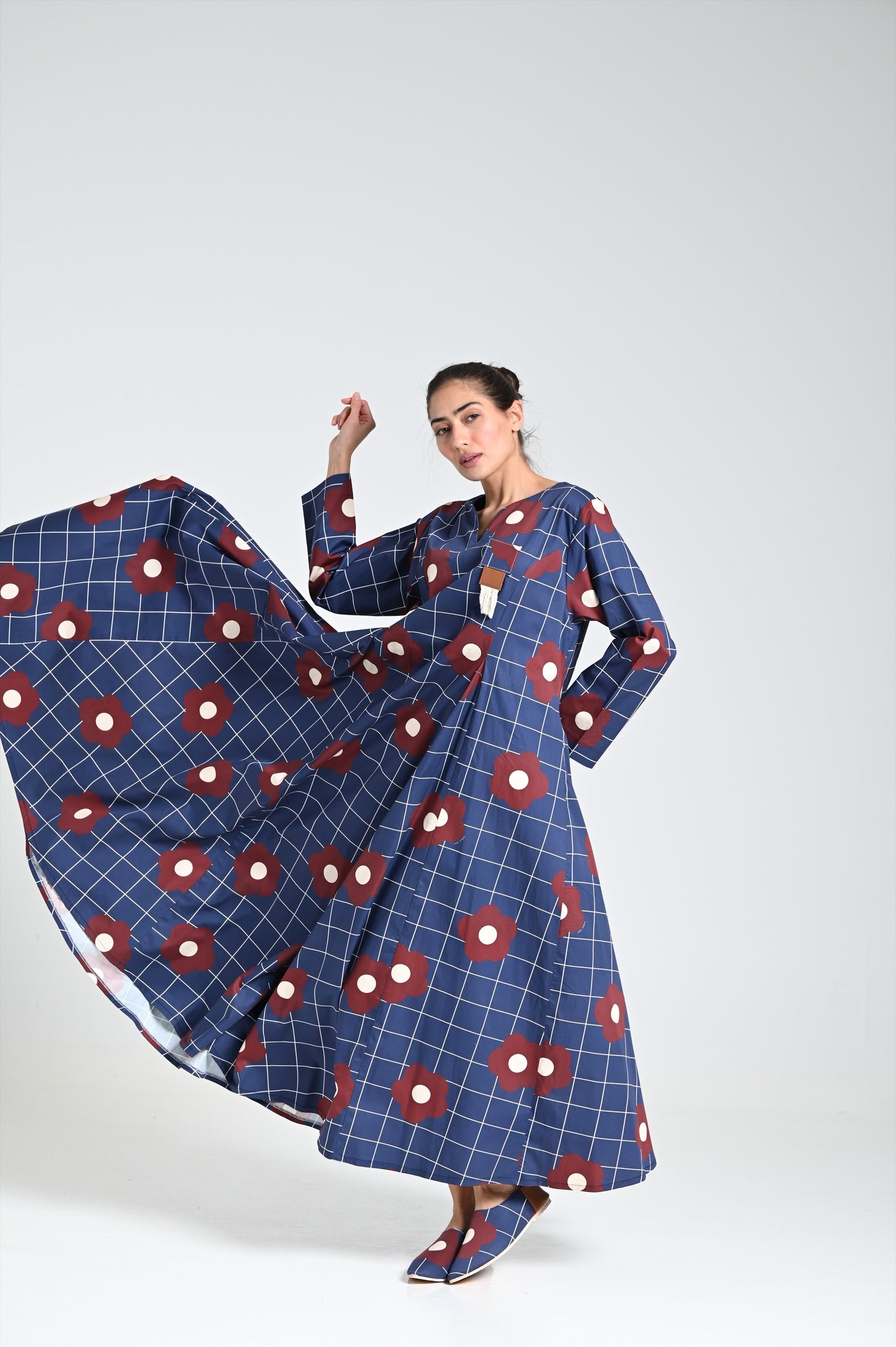 Navy dress with burgundy rose print & leather brooch