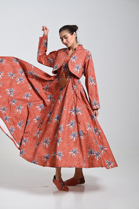 Bronze dress with palm tree print & leather necklace