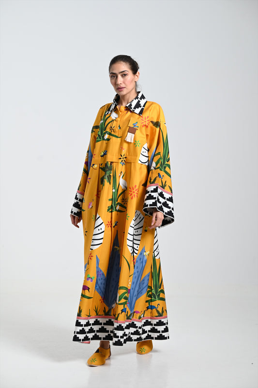 Dark yellow dress & leather brooch