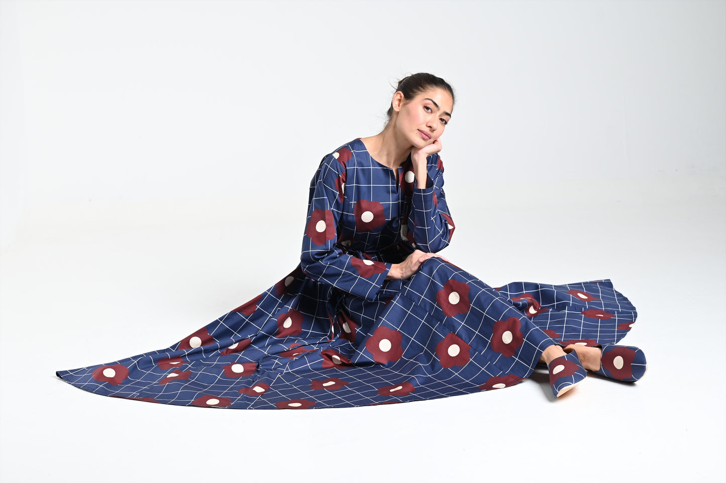 Navy dress with burgundy rose print & leather brooch